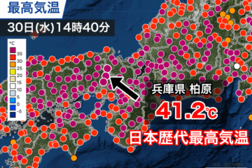 【速報】兵庫県丹波市で日本歴代最高の41.2℃ 浜松、熊谷の記録を更新 – ウェザーニュース