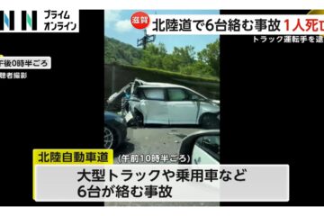 北陸道で車6台絡む事故…女性1人死亡 渋滞の車列にトラックが突っ込んだか 49歳運転手を …